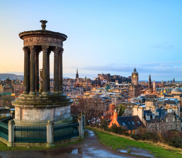 Edinburg old town entrance from the Central train station at sunset