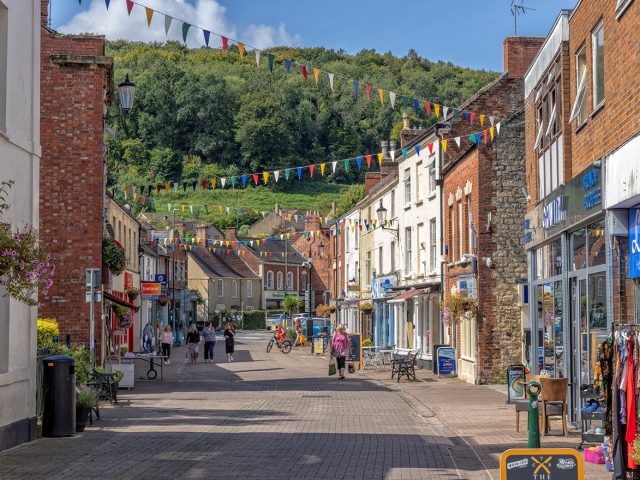 Dursley high street looking towards Stinchcombe Hill, Gloucestershire, United Kingdom