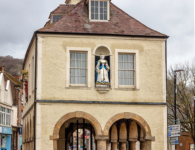 The 18th Century Market House with statue of Queen Anne in Dursley, Gloucestershire, England, United Kingdom