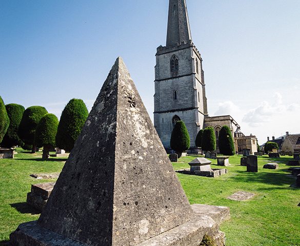 Painswick, UK Pyramidal tomb in the churchyard of St Mary's Church. Painswick is a town in the Cotswolds, originally the town grew on the wool trade.