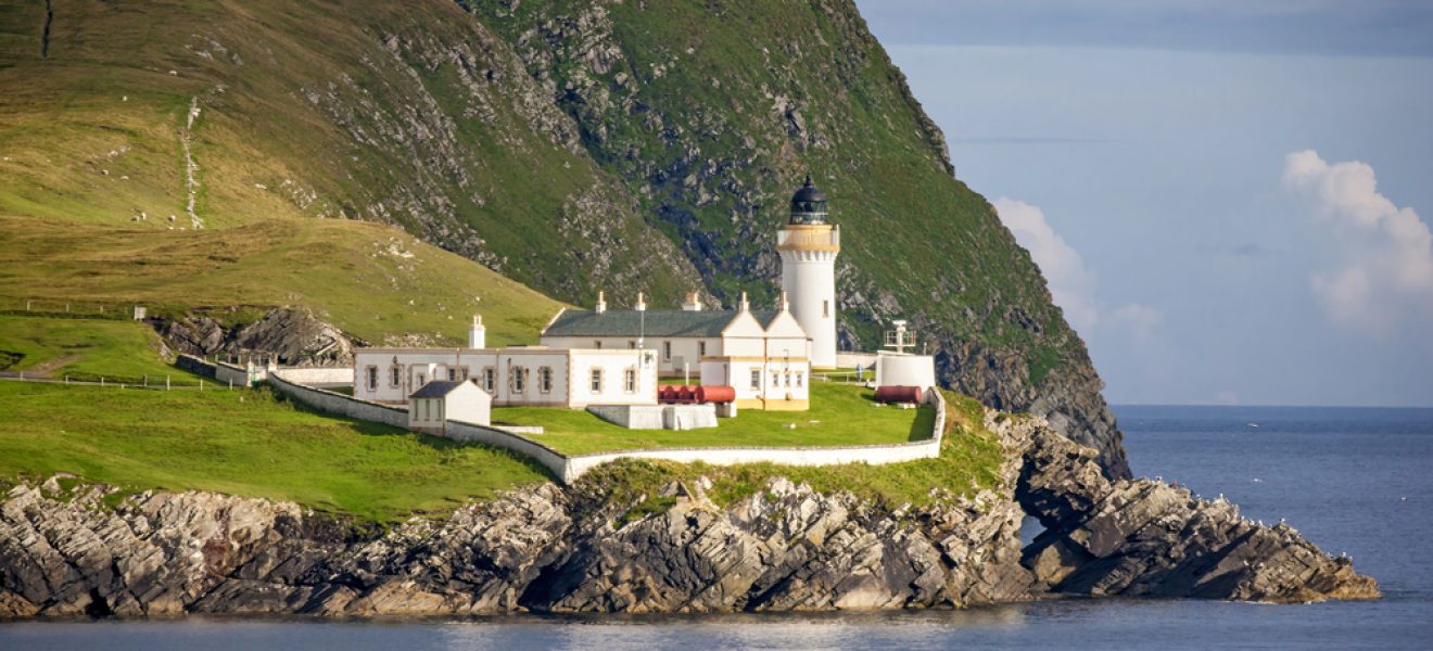 The Kirkabister lighthouse on Bressay from Lerwick, Mainland Shetland, Scotland, UK